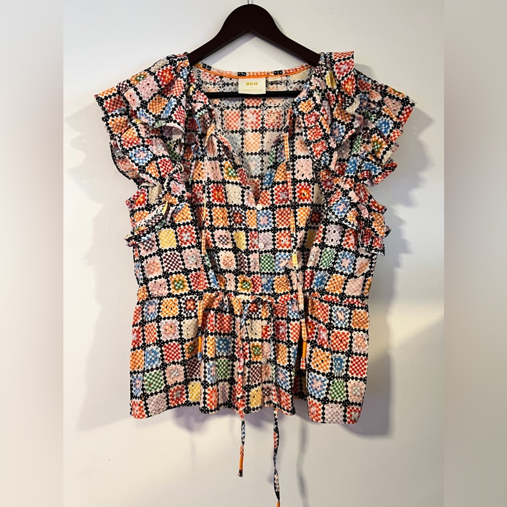 Maeve by Anthropologie cotton quilt block print top size XL
